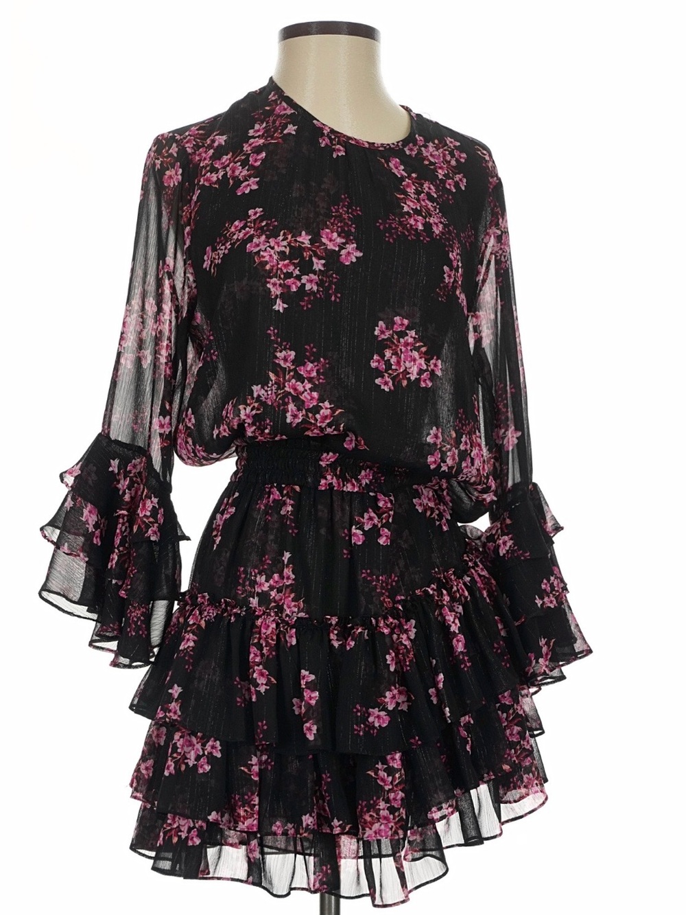 Misa Los Angeles Black Floral Ruffle Tiered Mini Dress